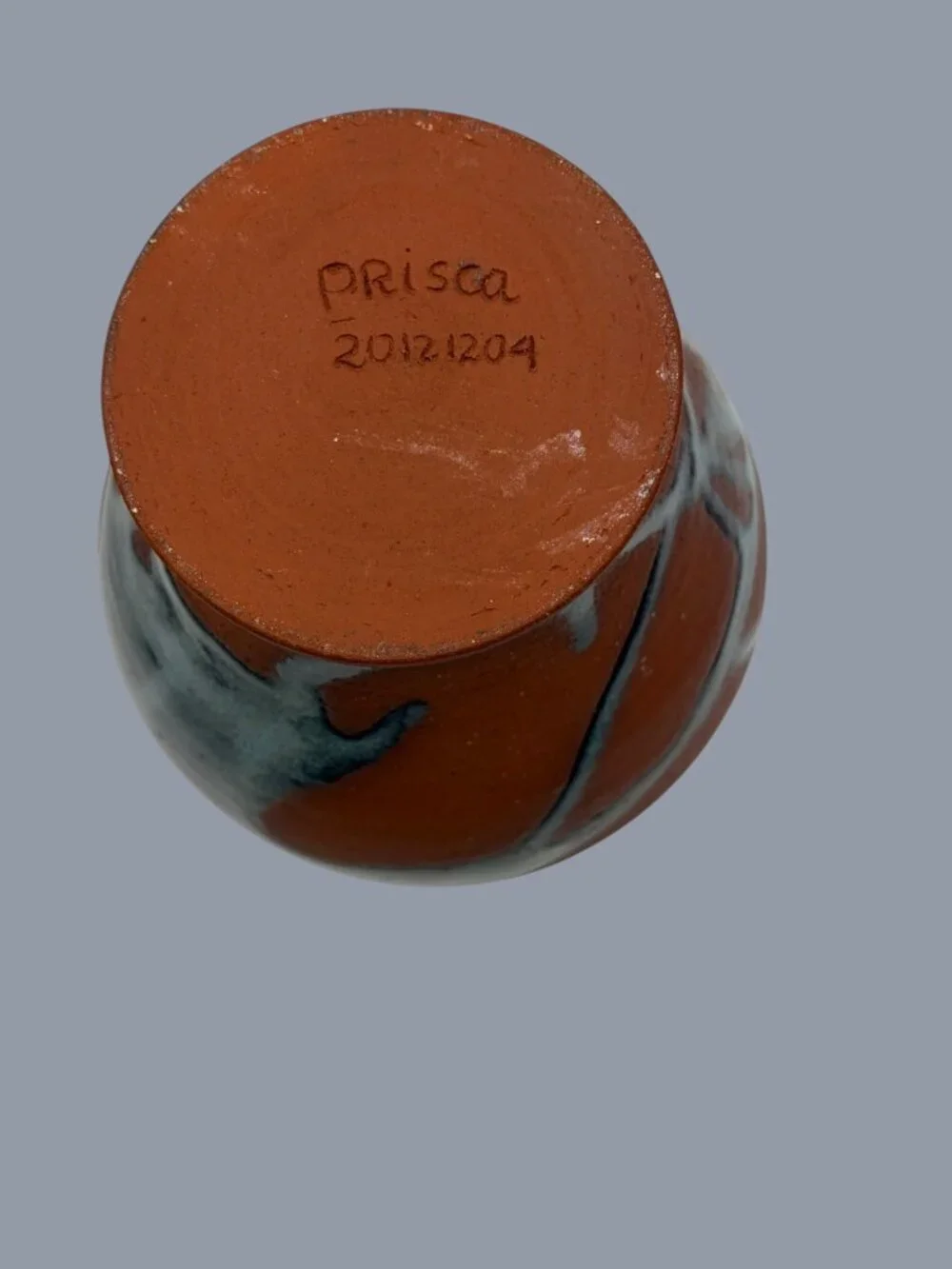 SIGNED Prisca Studio Pottery Vase Blue Drip Glaze Terracotta Art Ceramic 7.5”